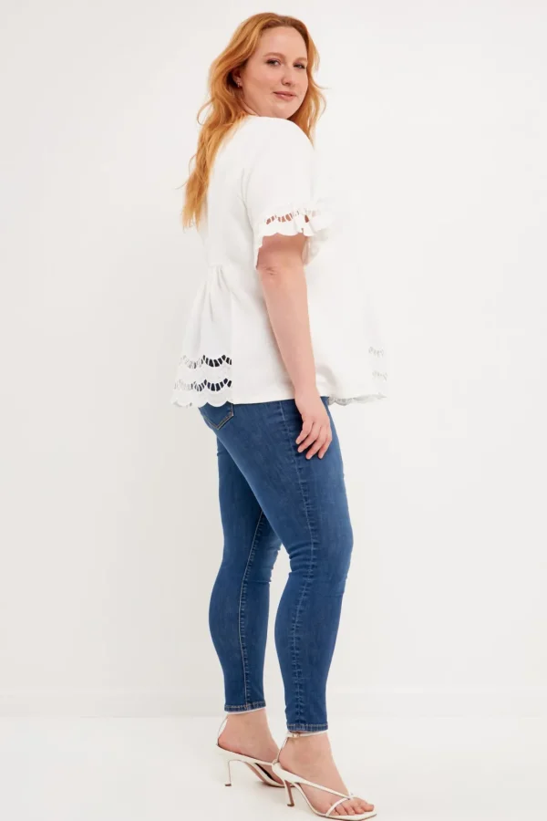 ENGLISH FACTORY Tops*- Plus Size Knit Eyelet Mixed T-Shirts WHITE