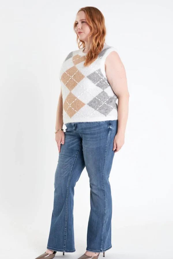 ENGLISH FACTORY Tops*- Plus Size Argyle Knit Vest WHITE
