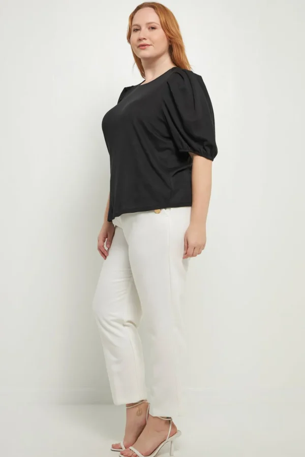 ENGLISH FACTORY Tops*- Plus Size Pleated Shoulder Knit Top BLACK