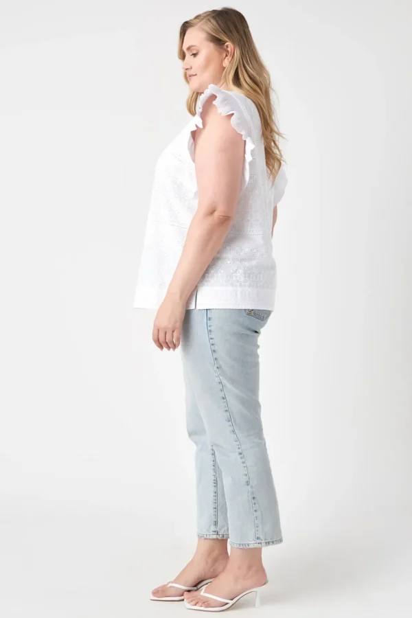 ENGLISH FACTORY Tops*- Plus Size Ruffle Sleeve Embroidered Cotton Top WHITE