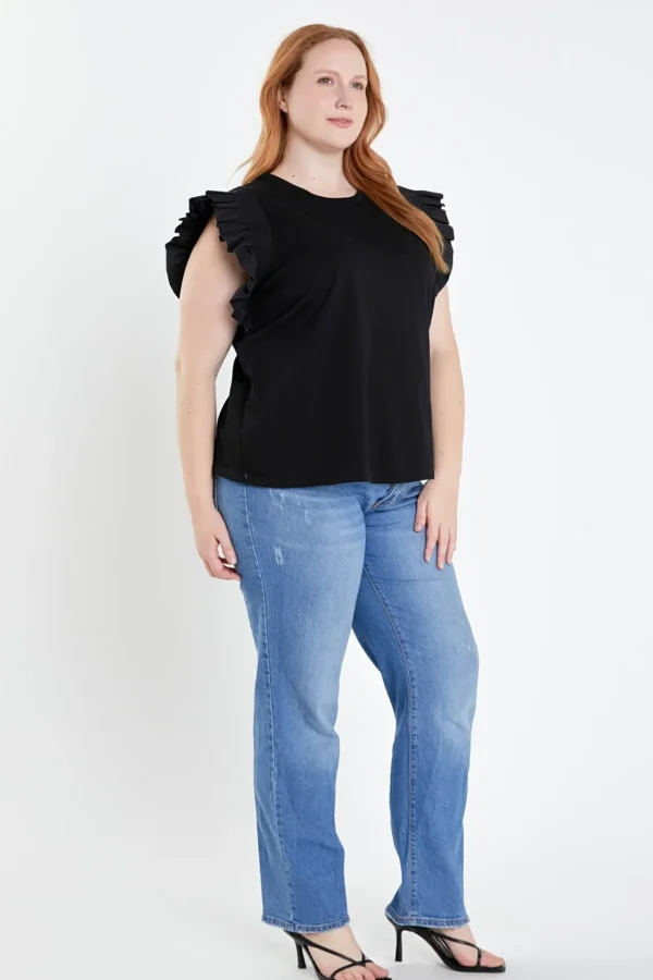 ENGLISH FACTORY Tops*- Plus Size Poplin Knit Mixed Ruffle Detail Top