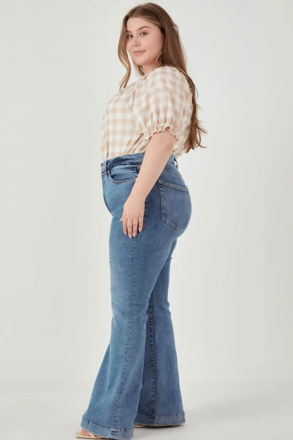 ENGLISH FACTORY Tops*- Plus Size Gingham Top with Short Puff Sleeves KHAKI