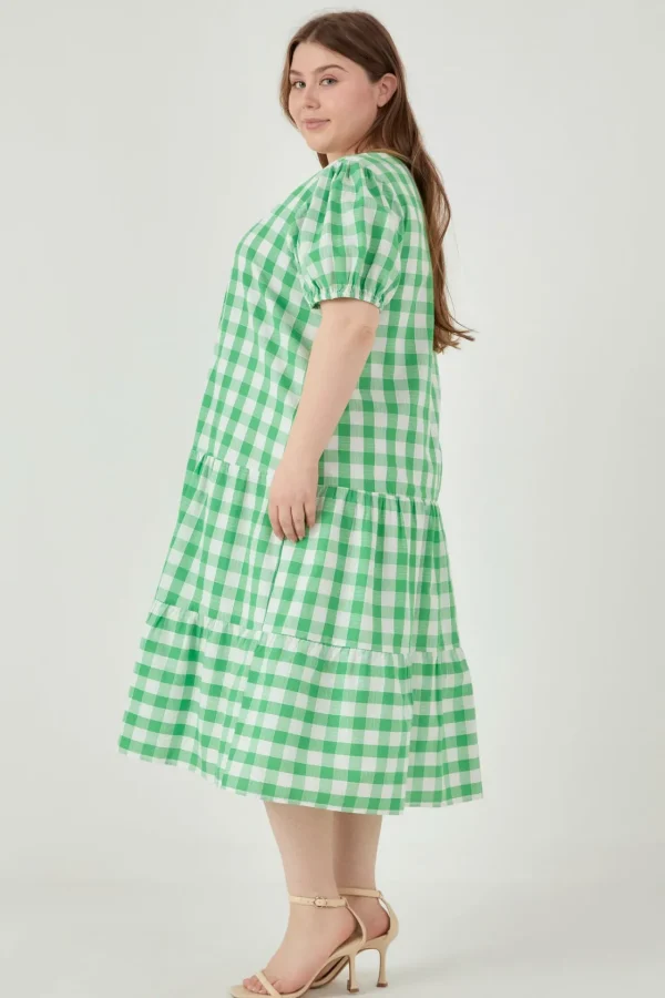 ENGLISH FACTORY Tops*- Plus Size Gingham Check Midi Dress GREEN/WHITE