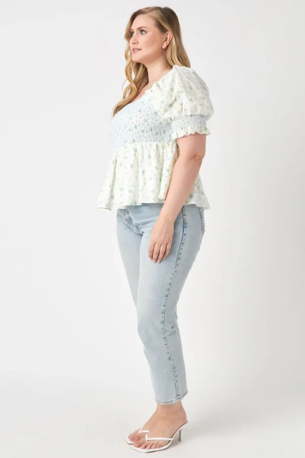 ENGLISH FACTORY Tops*- Plus Size Smocked Floral Puff Sleeve Top BLUEMULTI