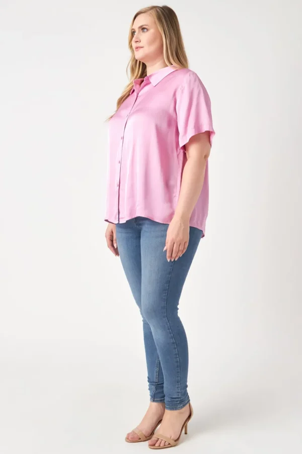 ENGLISH FACTORY Shirts & Blouses | Tops*- Plus Size Satin Short Sleeve Shirt PINK