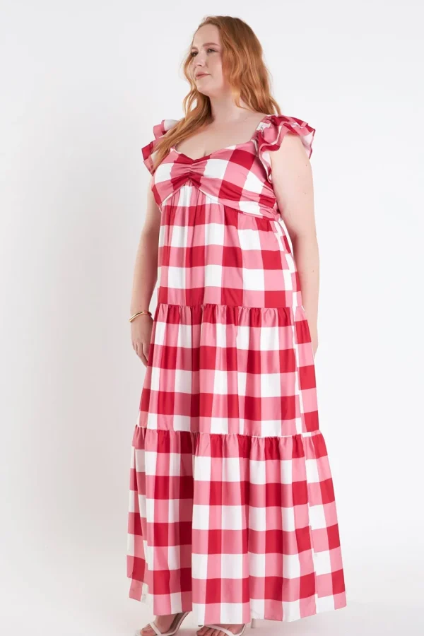 ENGLISH FACTORY Tops*- Plus Size Gingham Maxi Dress RED/WHITE