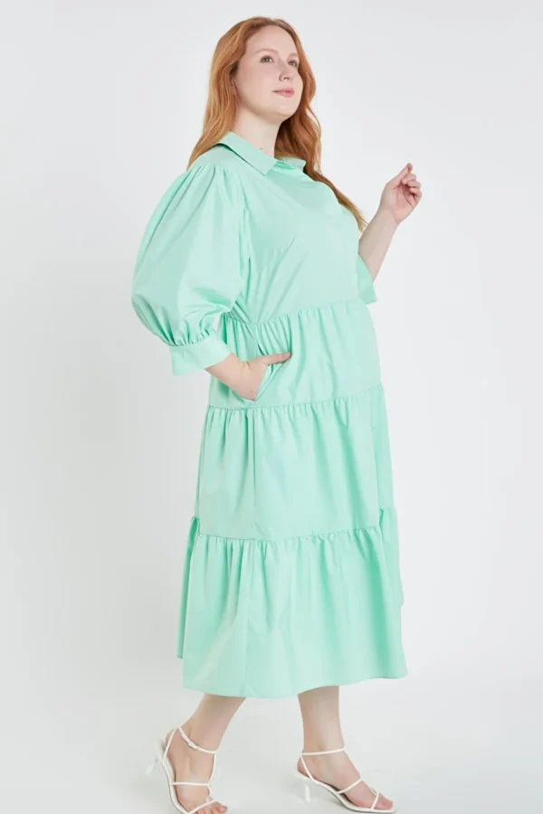 ENGLISH FACTORY Puff Sleeve | Tops*- Plus Size V-neckline Puff Sleeve Midi Dress MINT