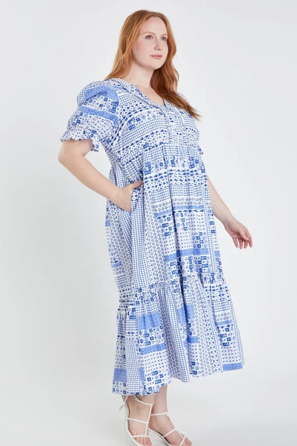ENGLISH FACTORY Puff Sleeve | Tops*- Plus Size Geometric Print Tiered Midi Dress BLUE
