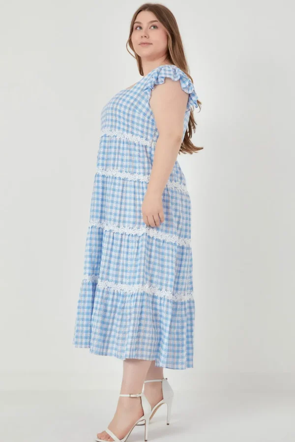 ENGLISH FACTORY Lace Dresses*- Plus Size Floral Lace Gingham Printed Midi Dress BLUE/WHITE