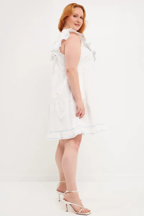 ENGLISH FACTORY Tops*- Plus Size Contrast Embroidery Ruffled Mini Dress WHITE