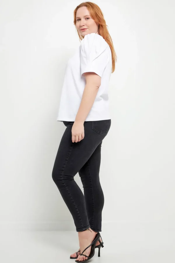 ENGLISH FACTORY Tops*- Plus Size Short Puff Sleeve Knit Top WHITE