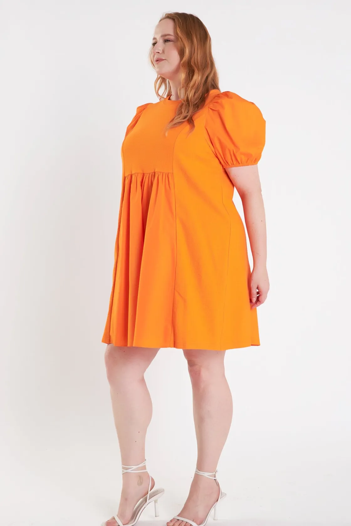 english_factory__plus_siz_1.webp ENGLISH FACTORY Tops*- Plus Size Mixed Media Babydoll Mini Dress ORANGE