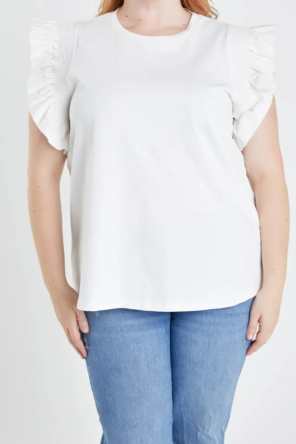 ENGLISH FACTORY Tops*- Plus Size Poplin Knit Mixed Ruffle Detail Top