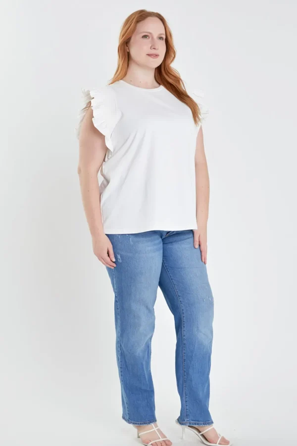 ENGLISH FACTORY Tops*- Plus Size Poplin Knit Mixed Ruffle Detail Top