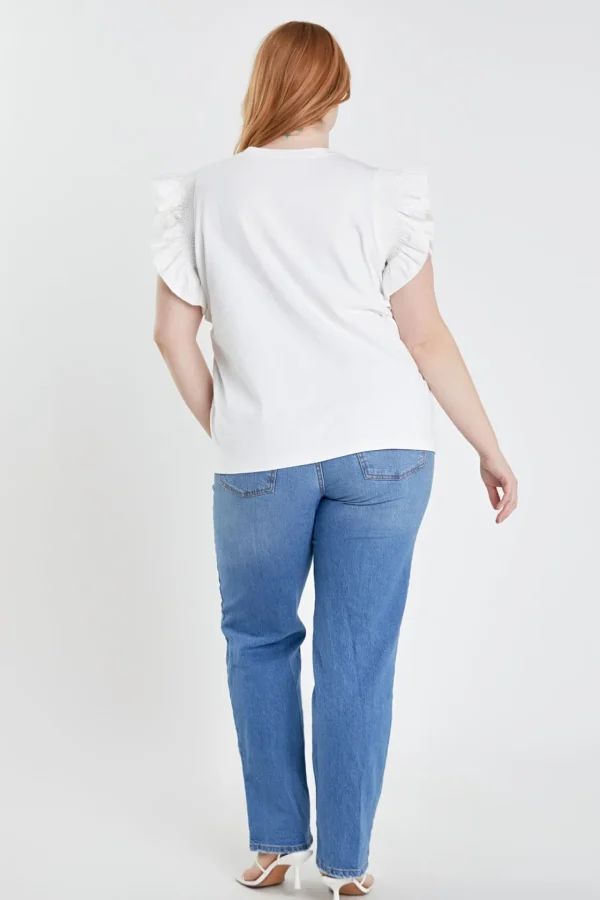 ENGLISH FACTORY Tops*- Plus Size Poplin Knit Mixed Ruffle Detail Top