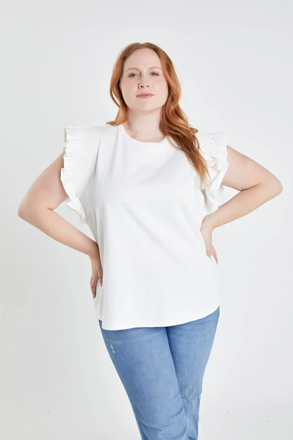 ENGLISH FACTORY Tops*- Plus Size Poplin Knit Mixed Ruffle Detail Top