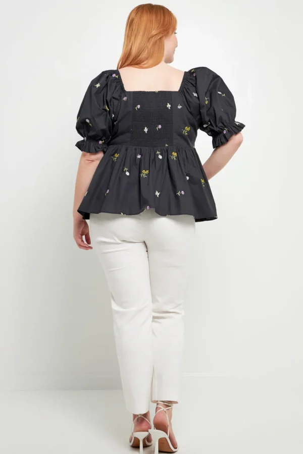 ENGLISH FACTORY Tops*- Plus Size Multi Floral Embroidery Top BLACKMULTI