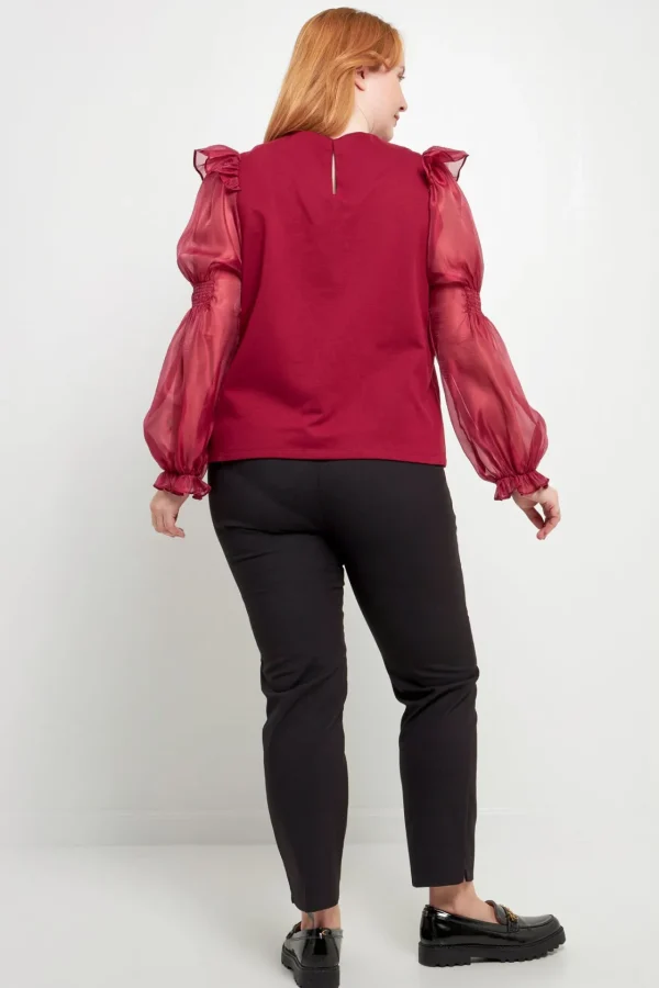 ENGLISH FACTORY Tops*- Plus Size Organza Mixed Smocked Detail Long Sleeve Top WINE