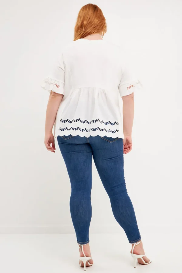 ENGLISH FACTORY Tops*- Plus Size Knit Eyelet Mixed T-Shirts WHITE