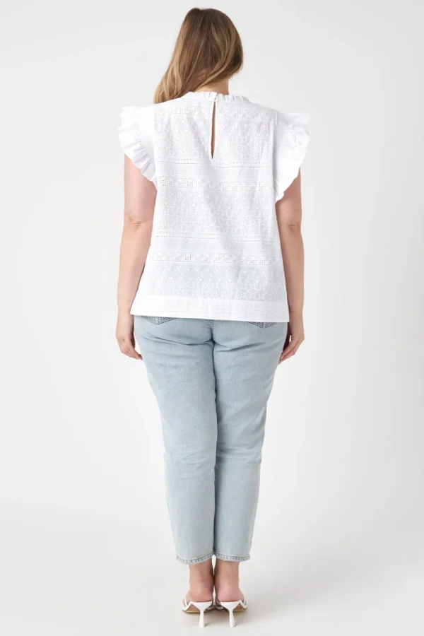 ENGLISH FACTORY Tops*- Plus Size Ruffle Sleeve Embroidered Cotton Top WHITE
