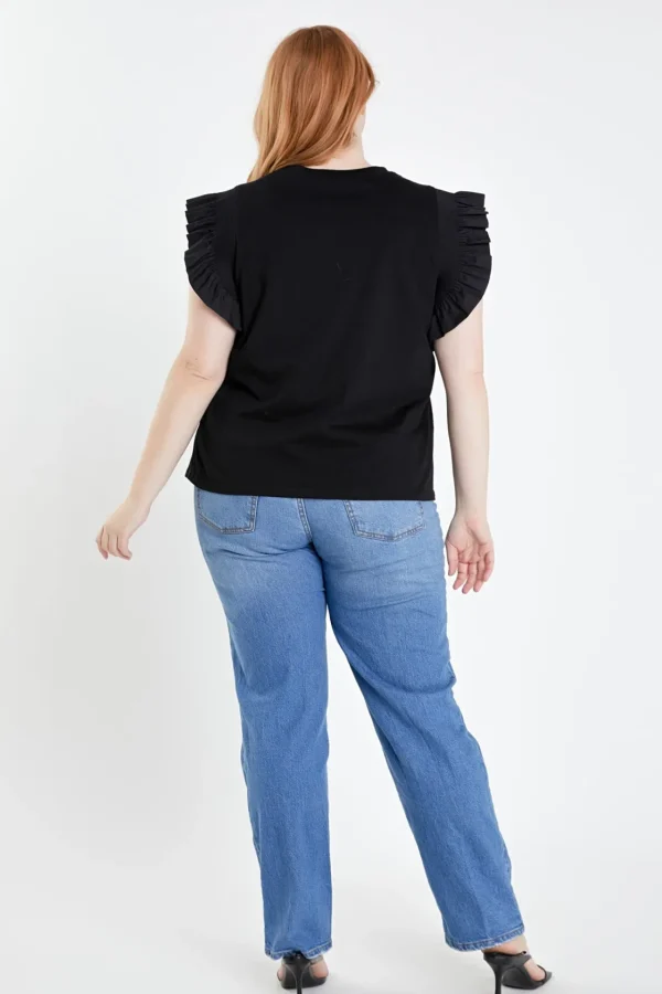 ENGLISH FACTORY Tops*- Plus Size Poplin Knit Mixed Ruffle Detail Top