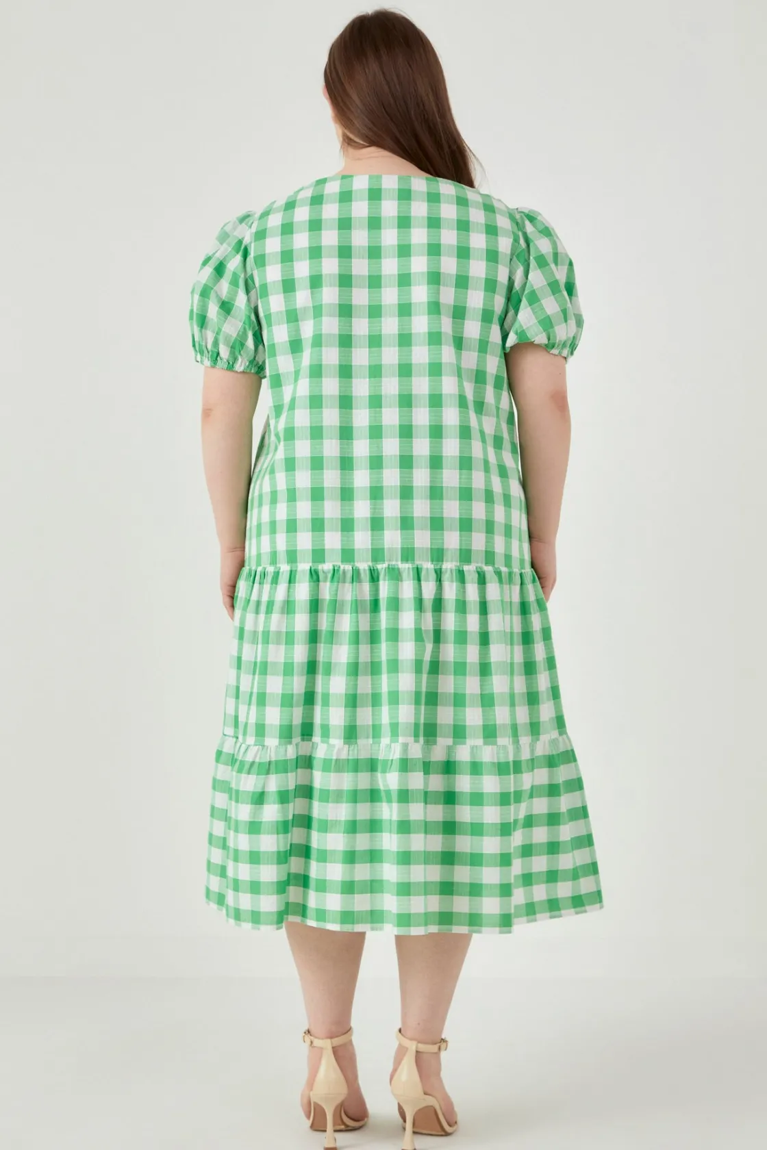 english_factory__plus_siz_2-2.webp ENGLISH FACTORY Tops*- Plus Size Gingham Check Midi Dress GREEN/WHITE