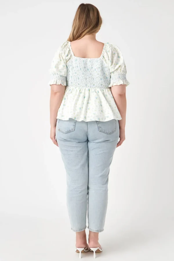 ENGLISH FACTORY Tops*- Plus Size Smocked Floral Puff Sleeve Top BLUEMULTI
