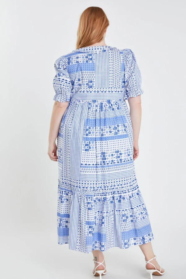 ENGLISH FACTORY Puff Sleeve | Tops*- Plus Size Geometric Print Tiered Midi Dress BLUE