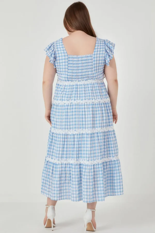 ENGLISH FACTORY Lace Dresses*- Plus Size Floral Lace Gingham Printed Midi Dress BLUE/WHITE
