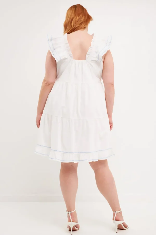 ENGLISH FACTORY Tops*- Plus Size Contrast Embroidery Ruffled Mini Dress WHITE