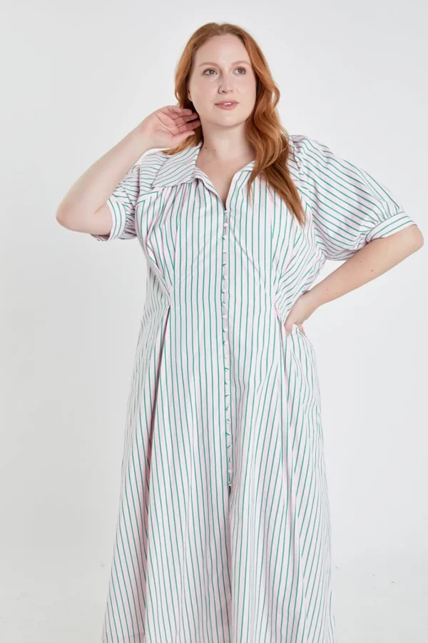 ENGLISH FACTORY Tops*- Plus Size Stripe Shirt Midi Dress PINK/GREEN