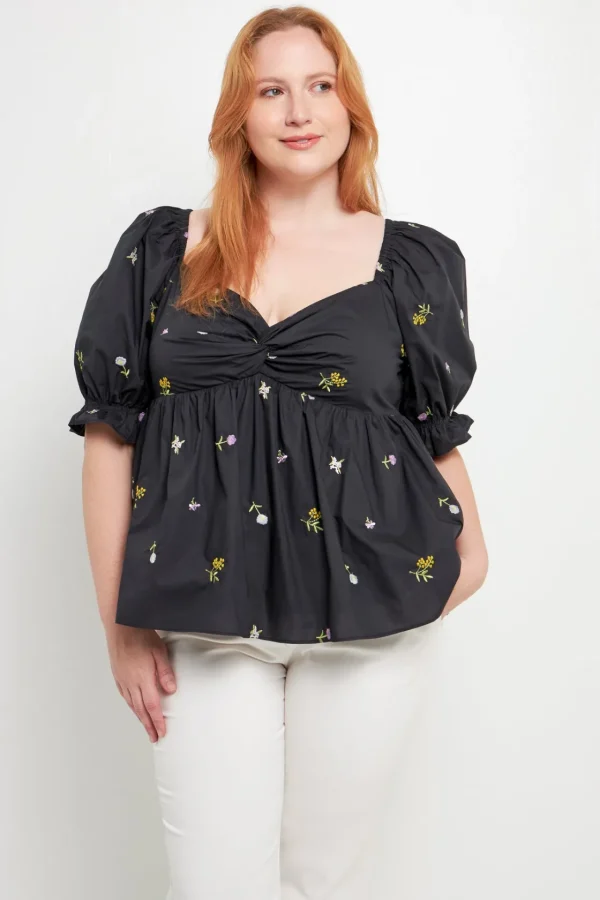 ENGLISH FACTORY Tops*- Plus Size Multi Floral Embroidery Top BLACKMULTI