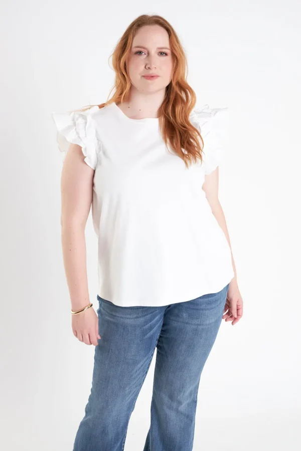 ENGLISH FACTORY Tops*- Plus Size Mixed Media Ruffle Detail T-Shirt
