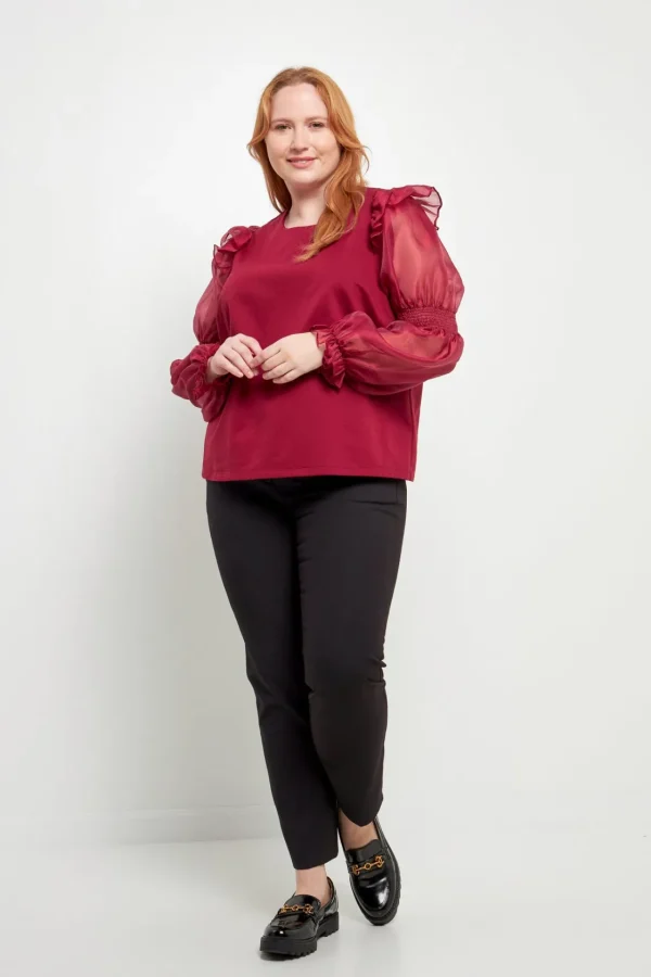 ENGLISH FACTORY Tops*- Plus Size Organza Mixed Smocked Detail Long Sleeve Top WINE