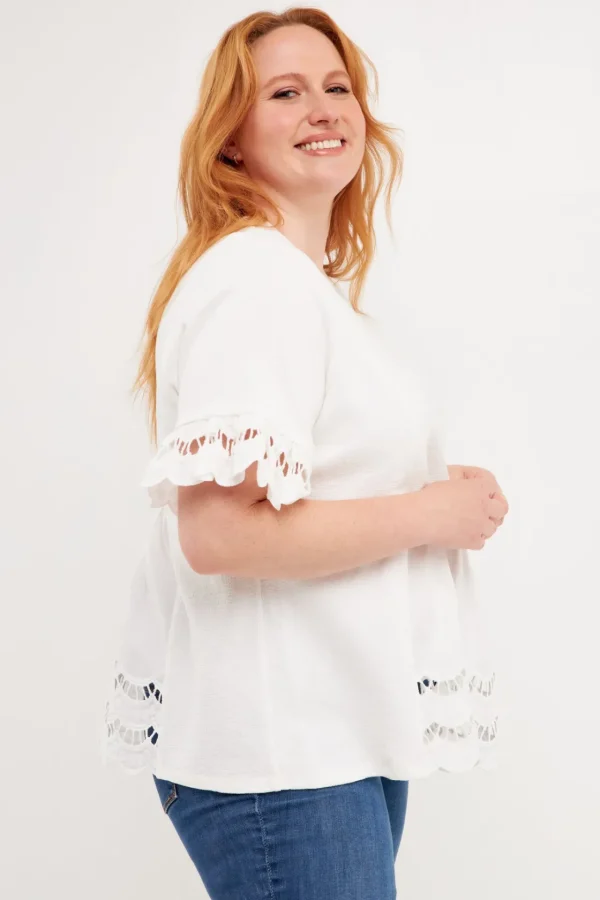 ENGLISH FACTORY Tops*- Plus Size Knit Eyelet Mixed T-Shirts WHITE