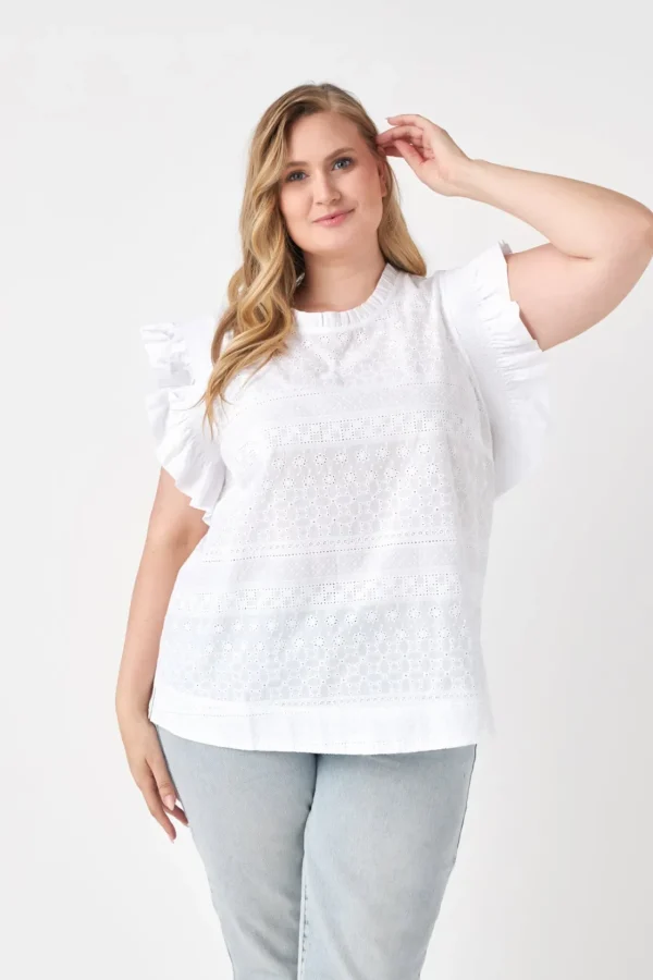 ENGLISH FACTORY Tops*- Plus Size Ruffle Sleeve Embroidered Cotton Top WHITE