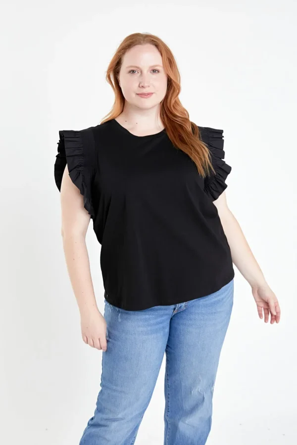 ENGLISH FACTORY Tops*- Plus Size Poplin Knit Mixed Ruffle Detail Top