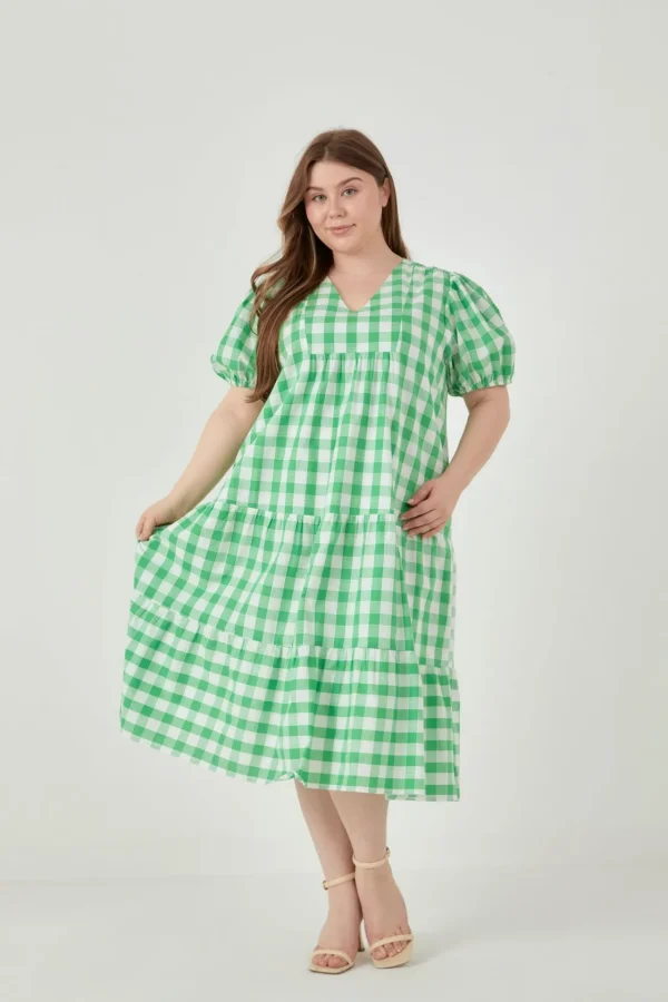 ENGLISH FACTORY Tops*- Plus Size Gingham Check Midi Dress GREEN/WHITE