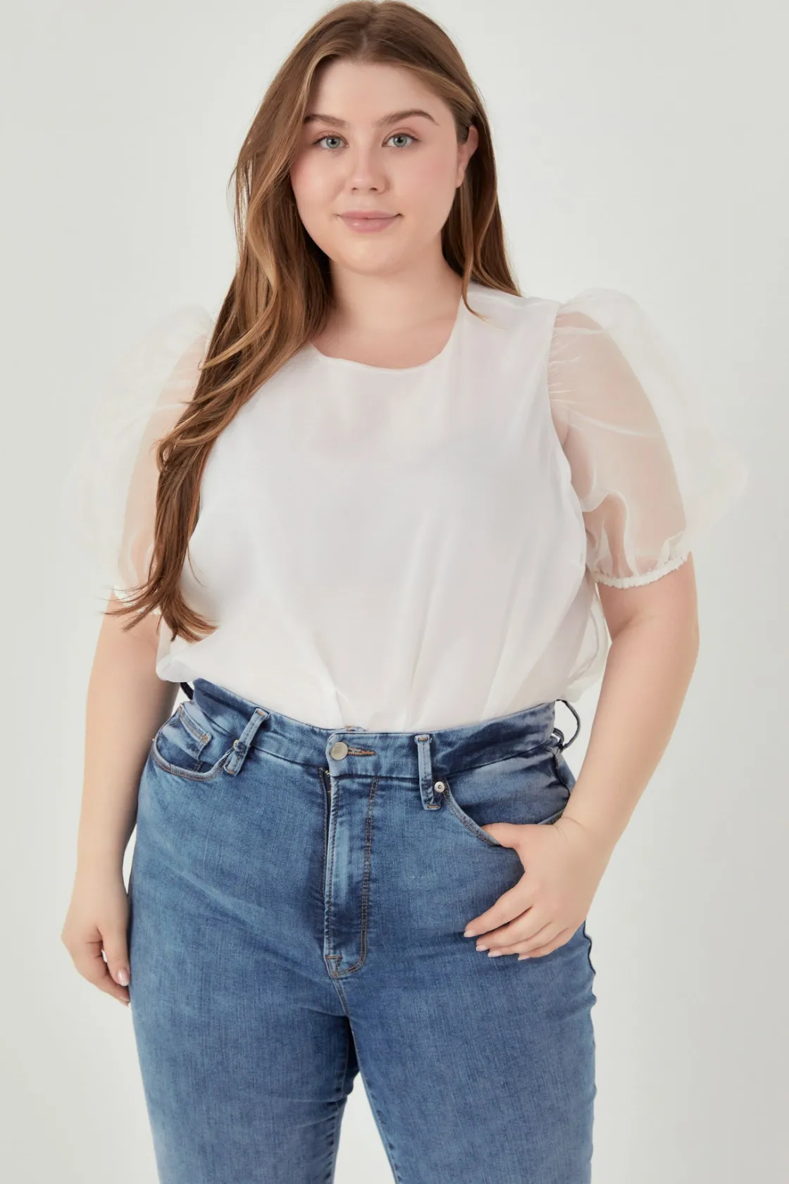 english_factory__plus_siz_3-20.webp ENGLISH FACTORY Tops*- Plus Size Organza Puff Sleeve Top WHITE