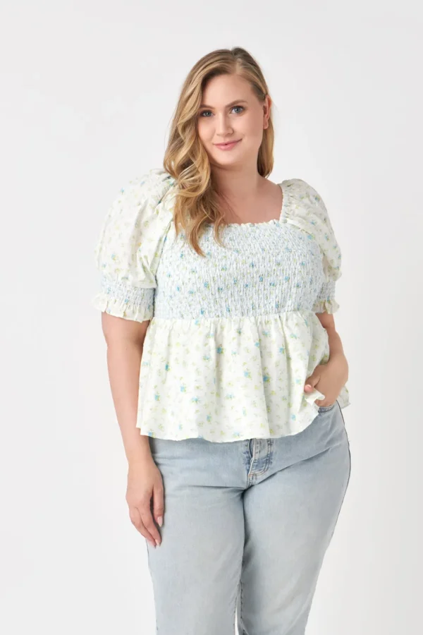 ENGLISH FACTORY Tops*- Plus Size Smocked Floral Puff Sleeve Top BLUEMULTI