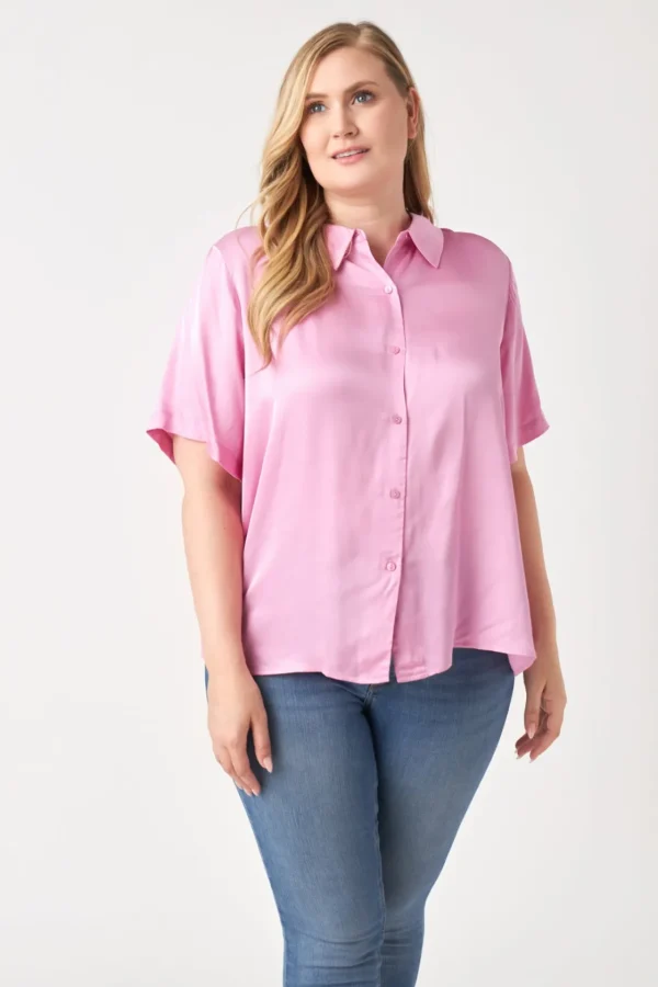 ENGLISH FACTORY Shirts & Blouses | Tops*- Plus Size Satin Short Sleeve Shirt PINK