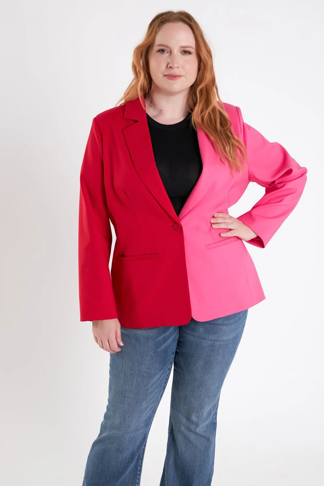 english_factory__plus_siz_3-26.webp ENGLISH FACTORY Blazers | Tops*- Plus Size Color Block Blazer REDFUCHSIA