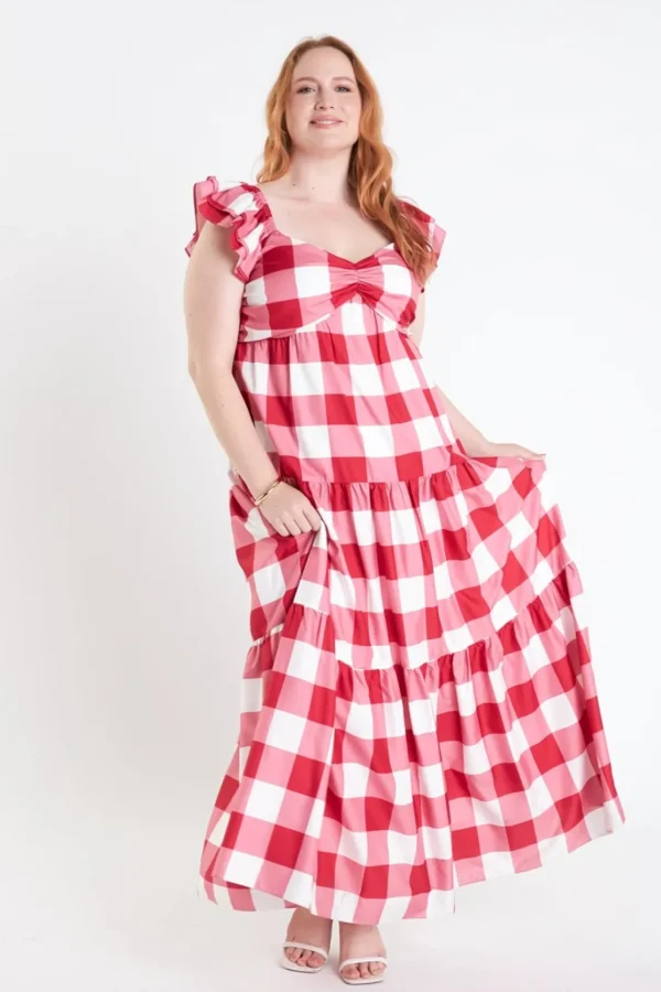 ENGLISH FACTORY Tops*- Plus Size Gingham Maxi Dress RED/WHITE