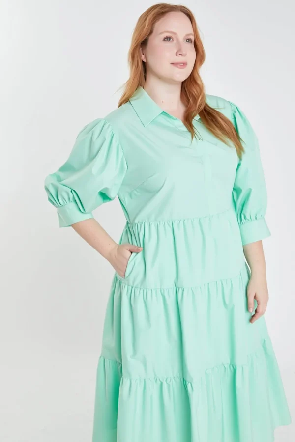 ENGLISH FACTORY Puff Sleeve | Tops*- Plus Size V-neckline Puff Sleeve Midi Dress MINT