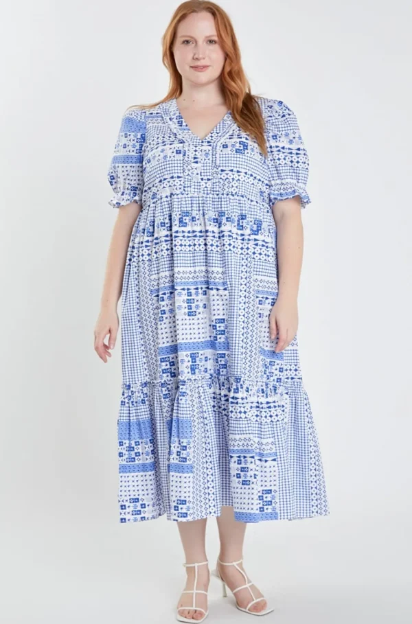 ENGLISH FACTORY Puff Sleeve | Tops*- Plus Size Geometric Print Tiered Midi Dress BLUE