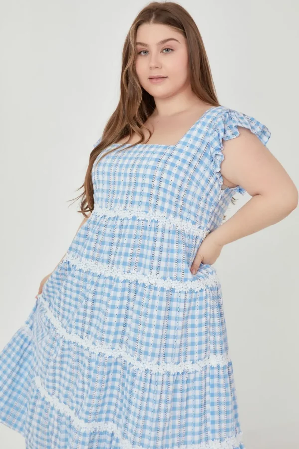 ENGLISH FACTORY Lace Dresses*- Plus Size Floral Lace Gingham Printed Midi Dress BLUE/WHITE
