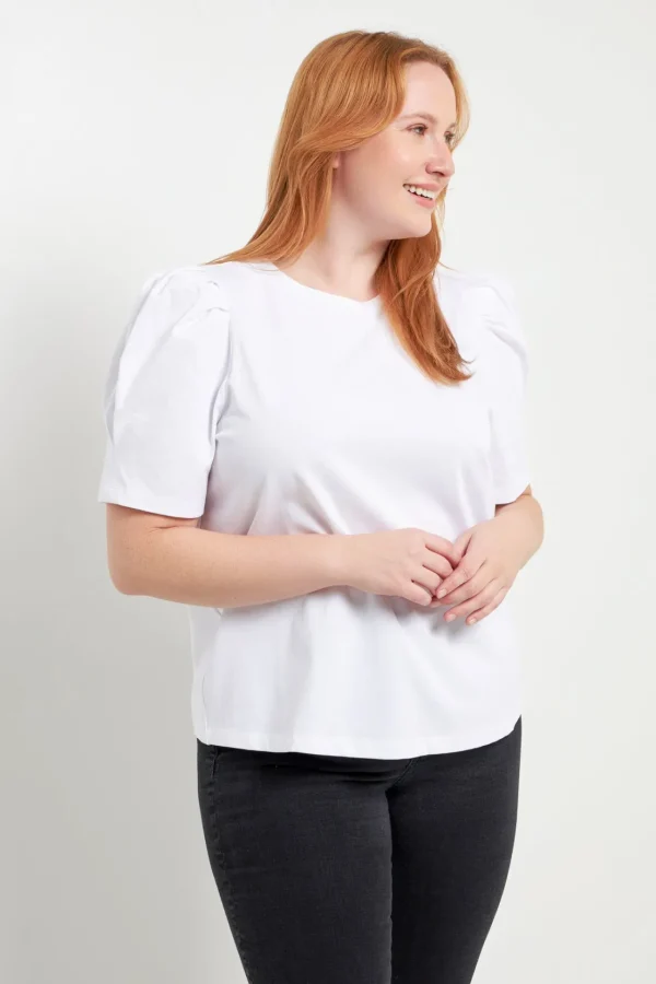 ENGLISH FACTORY Tops*- Plus Size Short Puff Sleeve Knit Top WHITE