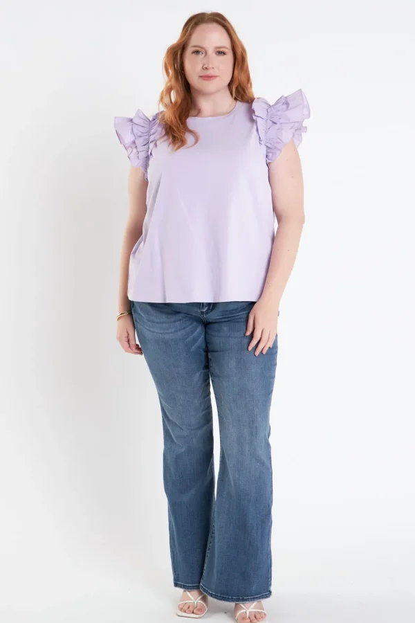 ENGLISH FACTORY Tops*- Plus Size Mixed Media Ruffle Detail T-Shirt