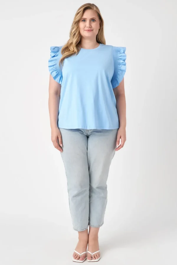 ENGLISH FACTORY Tops*- Plus Size Poplin Knit Mixed Ruffle Detail Top