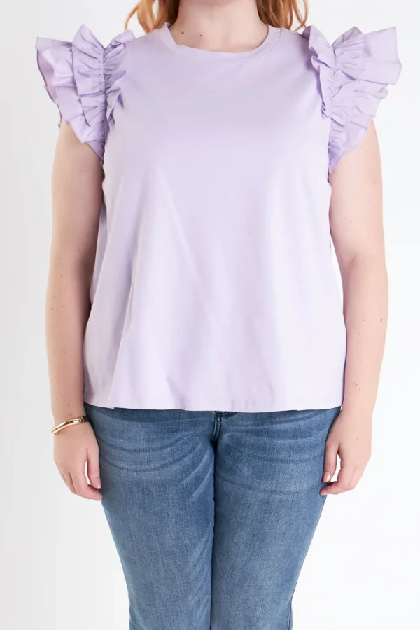 ENGLISH FACTORY Tops*- Plus Size Mixed Media Ruffle Detail T-Shirt